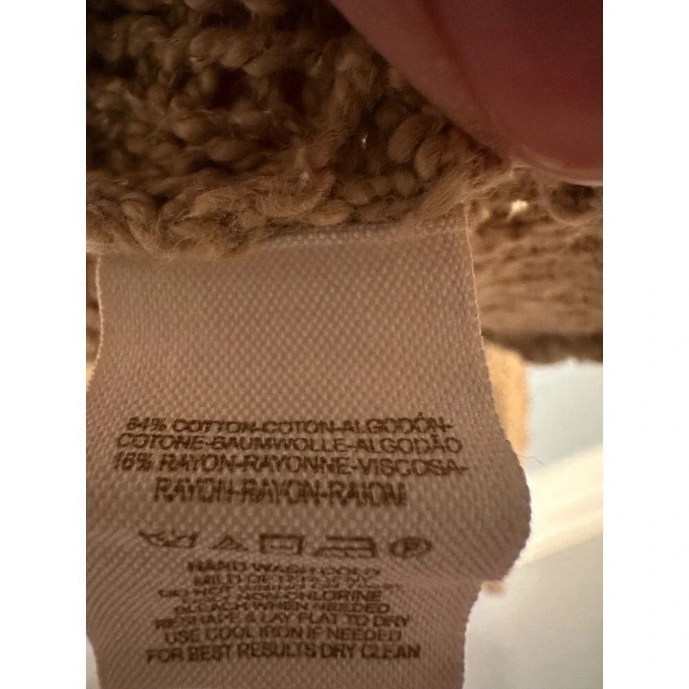 Free People Open Knit Crochet Sweater L Tan Cotton Boho Beach V-Neck Oversized
